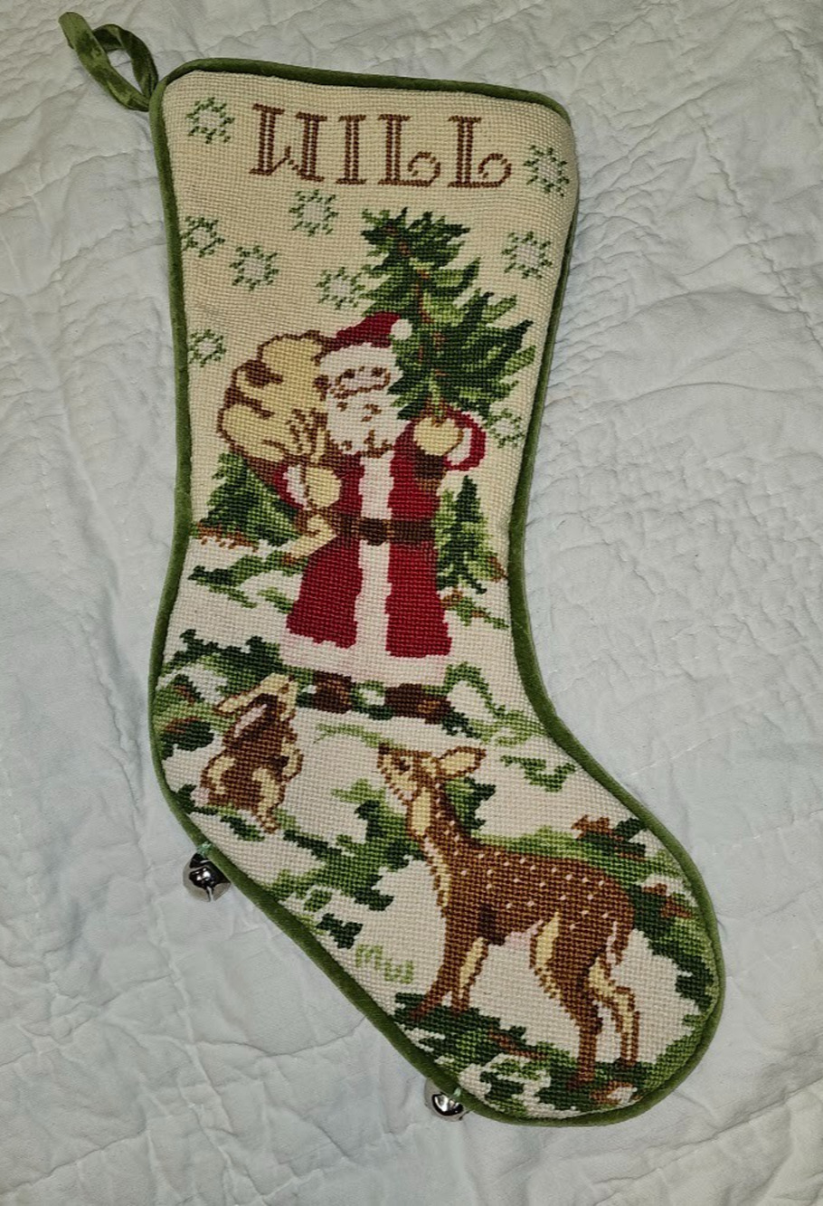 Vintage WILL WILLIAM Heirloom Needlepoint Christmas Stocking 16 Inch Santa Tree